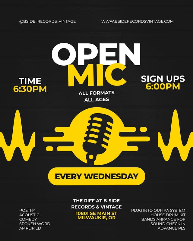 B-Side Records & Vintage Open Mic: All Ages, All Formats at B-Side Records & Vintage: Milwaukie in Portland